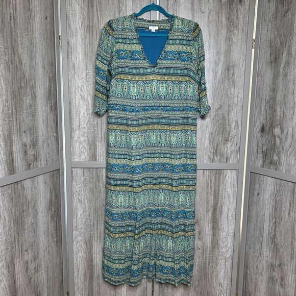 J Jill Midi Dress A Line Lined Blue and Green Short Sleeve Resort Size Medium - Picture 1 of 9